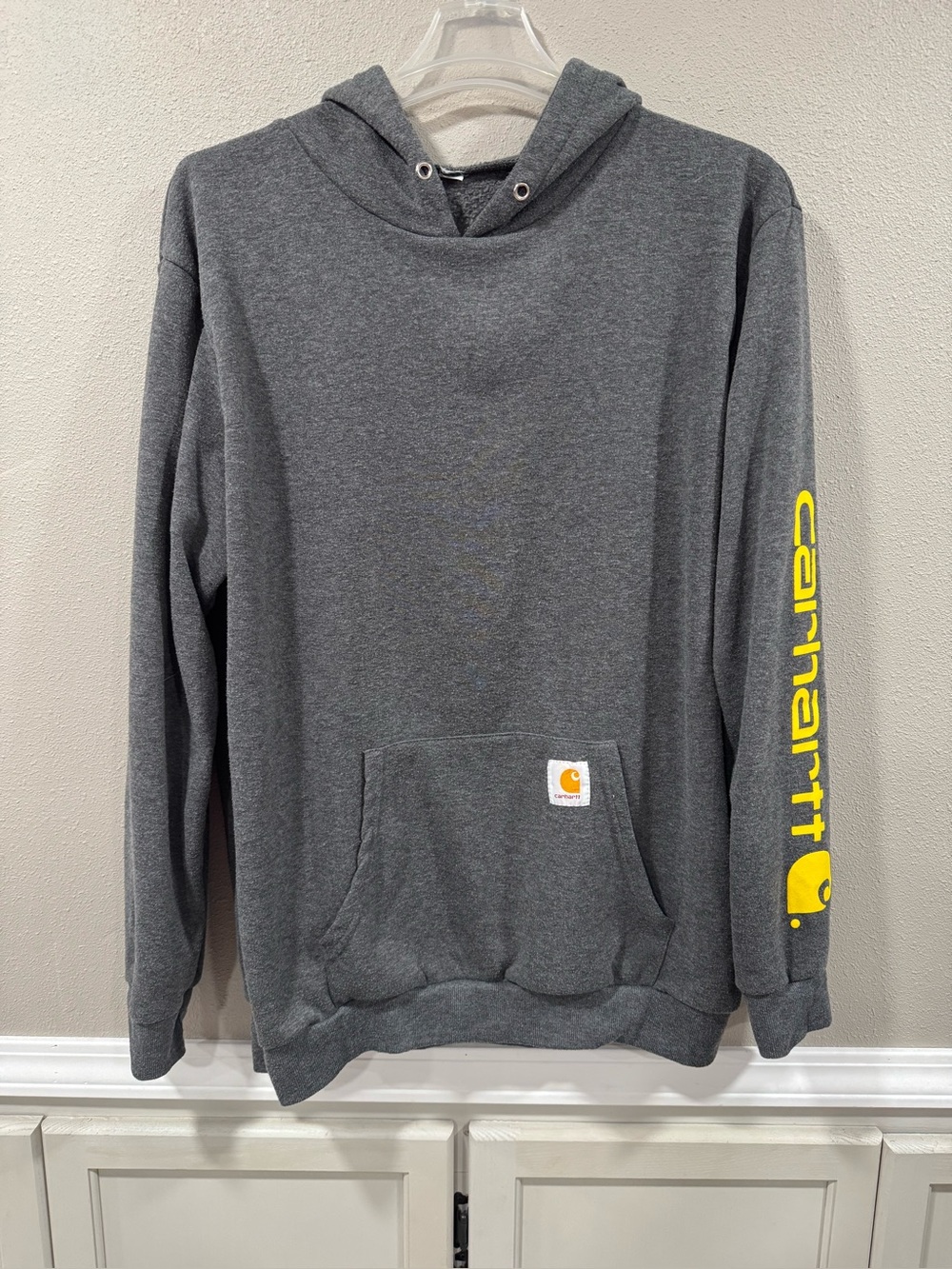Carhartt Dark Gray Hoodie with Yellow Sleeve Logo